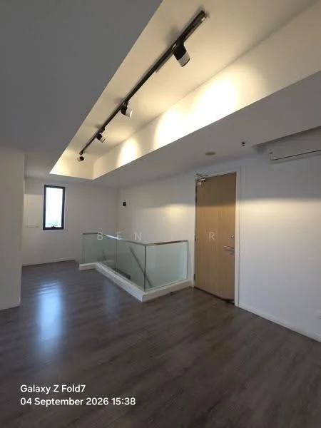 Room features: laminate flooring, white painted walls, recessed ceiling with track lighting, large window, glass railing, door, wall-mounted air conditioning unit; style: modern.