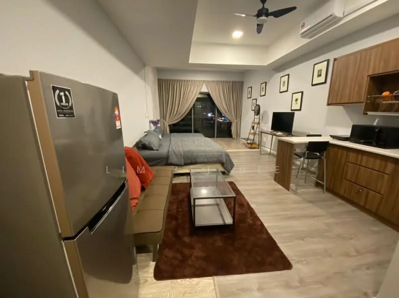 Living features: grey fabric sofa, red accent pillows, glass coffee table, area rug in brown, wall-mounted TV, wooden TV console, built-in kitchen cabinetry, stainless-steel fridge, microwave, wooden dining table, 2 dining chairs, floor-to-ceiling windows, curtains, recessed downlights, ceiling fan; style: modern; view: city.