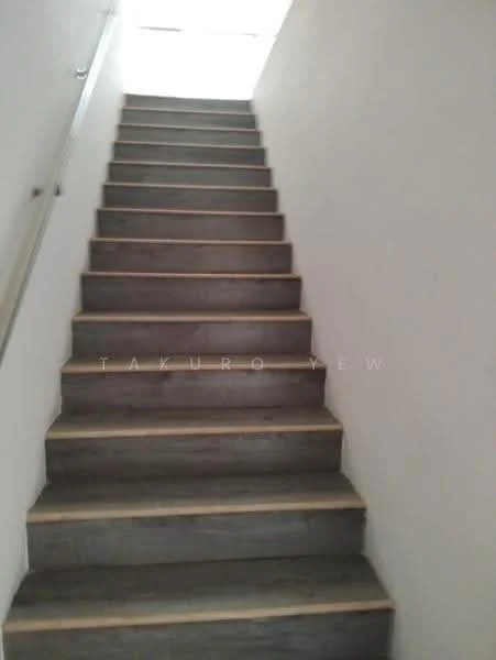 Room features: staircase with wooden steps, light-colored handrail, white painted walls, natural light from skylight; style: modern.