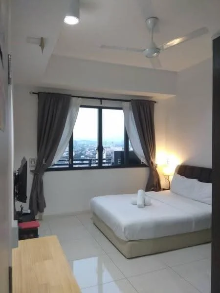 Bedroom features: queen-size bed, upholstered headboard, white bedding, 2 bedside lamps, floor-to-ceiling window, grey curtains, white painted walls, ceiling fan, TV on stand, wooden dresser, tile flooring; style: modern; view: city.