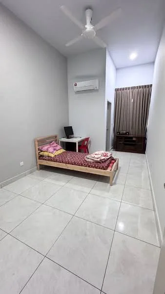 Bedroom features: single bed with mattress, white walls, grey accent wall, ceramic tile flooring, ceiling fan, wall-mounted split AC, desk with chair, curtains, wooden dresser, light fixture; style: modern.