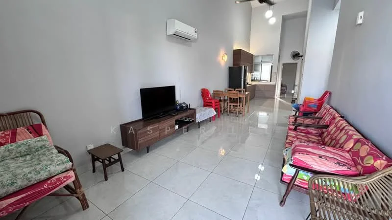 Living features: grey painted walls, glossy tile flooring, wall-mounted TV, wooden TV console, 2-seater fabric sofa in pink, 3-seater fabric sofa with floral pattern, ceiling fan, 1 wall-mounted split AC, decorative wall clock, open layout to kitchen, natural light from windows, dining area visible in background; style: modern.