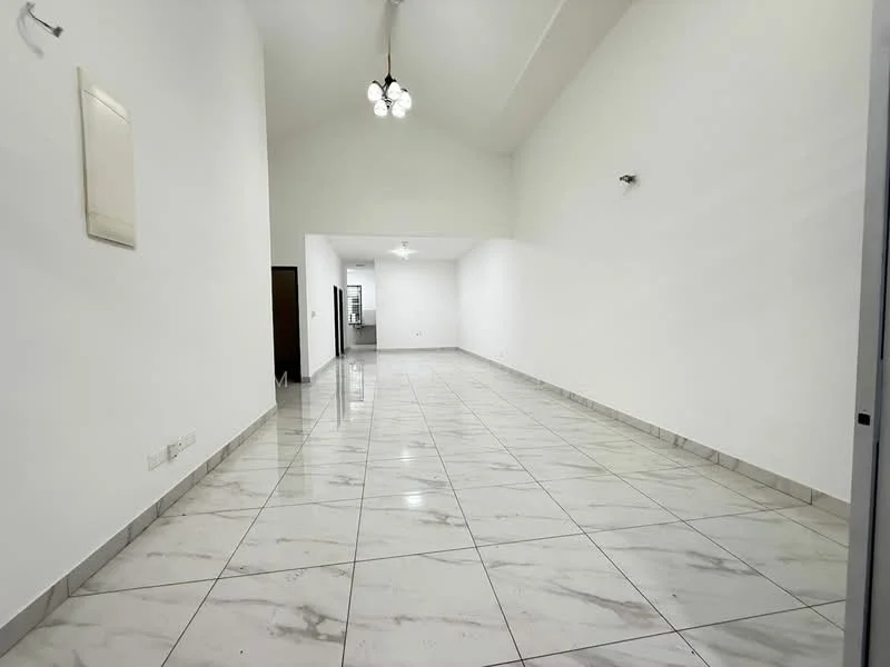 Room features: white painted walls, high ceiling, marble tile flooring, recessed downlights, 3-blade ceiling fan, large open space, no visible furniture, neutral color scheme; style: modern.