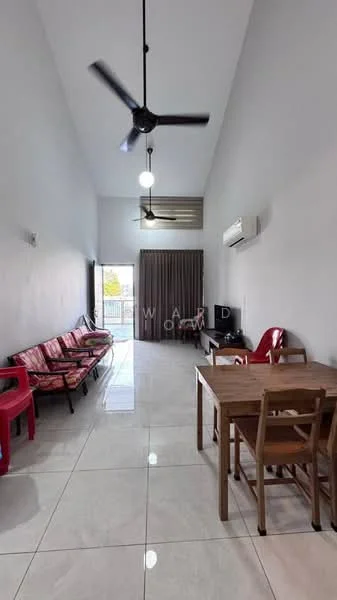 Living features: white painted walls, high ceiling, marble tile flooring, 5-blade ceiling fan, recessed downlights, large window with curtain, dining table with chairs, sofa seating, air conditioning unit; style: modern.