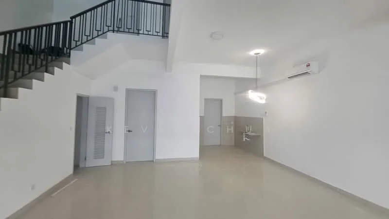Living features: white painted walls, polished floor tiles, recessed downlights, 1 wall-mounted split AC, ceiling light fixture, staircase with black railing, door to utility area, door to bathroom, open layout; style: modern.