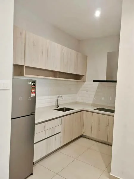 Kitchen features: light wood cabinetry, white quartz countertop, stainless-steel single-bowl sink, chrome pull-down faucet, built-in stove with hood, white tiled backsplash, fridge, under-cabinet lighting, ceramic tile flooring, recessed ceiling lights; style: modern.