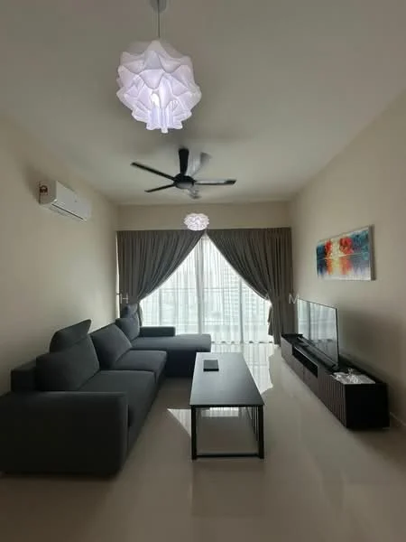 Living features: 3-seater fabric sofa in grey, coffee table, wall-mounted TV, TV console, floor-to-ceiling windows, sheer curtains, 5-blade ceiling fan, recessed downlights, decorative wall art, polished tile flooring, light-colored painted walls; style: modern; view: city.