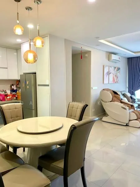 Dining features: round dining table, 4 upholstered dining chairs in beige, pendant lighting with three bulbs, white glossy tabletop, grey walls, marble tile flooring, wall-mounted air conditioning unit, decorative wall art, curtains in grey, refrigerator, kitchen cabinetry, seating area with recliner chair; style: modern.