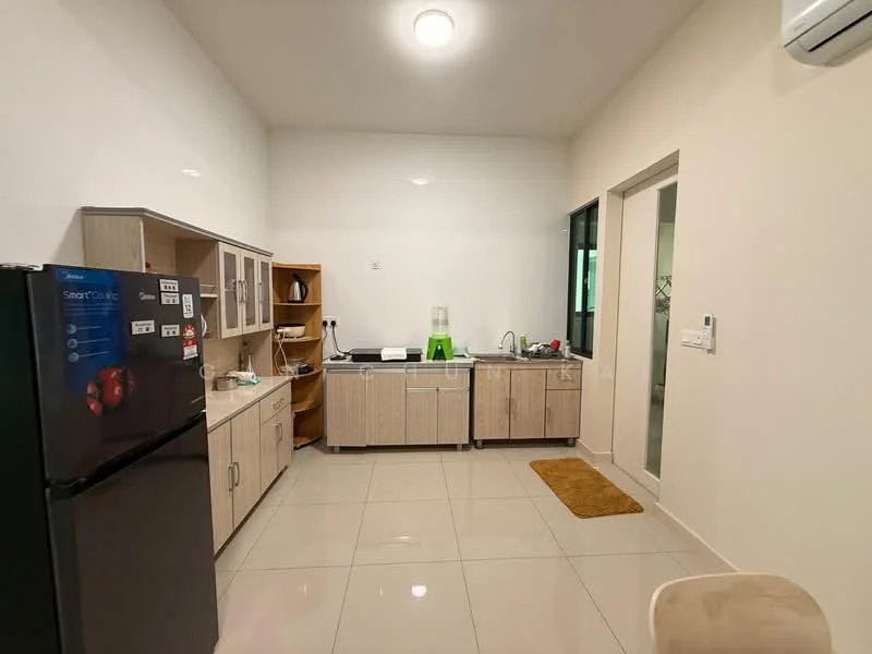Kitchen features: white painted walls, glossy tile flooring, wood cabinetry in light color, black fridge, stainless-steel sink, chrome pull-down faucet, countertop with space for appliances, window with view to outside, recessed ceiling lights, kitchen mat on floor; style: modern.