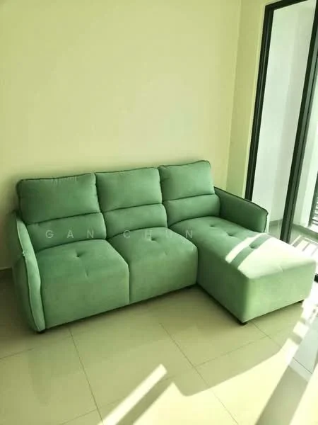 Living features: green fabric L-shape sectional sofa, tile flooring, large floor-to-ceiling windows, natural light streaming in, neutral wall color, minimalist decor; style: modern.