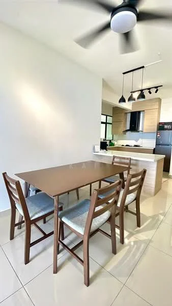 Dining features: 4-seater dining table, wooden dining chairs, ceiling fan with light, white painted walls, glossy tile flooring, pendant lighting, open layout to kitchen, window with natural light; style: modern. Kitchen features: kitchen cabinets, black countertop, stainless-steel fridge, built-in oven, stainless-steel sink, kitchen island, pendant lights above island; style: modern.