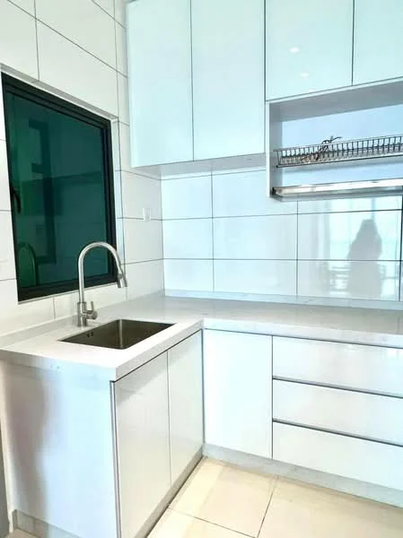 Kitchen features: single-bowl stainless-steel sink, chrome pull-down faucet, white cabinetry with flat-panel doors, white quartz countertop, white tiled backsplash, built-in shelving above countertop, drawer storage, under-sink cabinet, floor-to-ceiling window, tile flooring; style: modern.