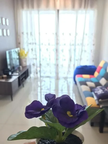 Living features: sofa with colorful upholstery, coffee table, TV console, wall-mounted TV, floor-to-ceiling windows, sheer curtains, decorative plant, glossy tile flooring, decorative cushions, wall art, light-colored walls; style: modern; view: city.