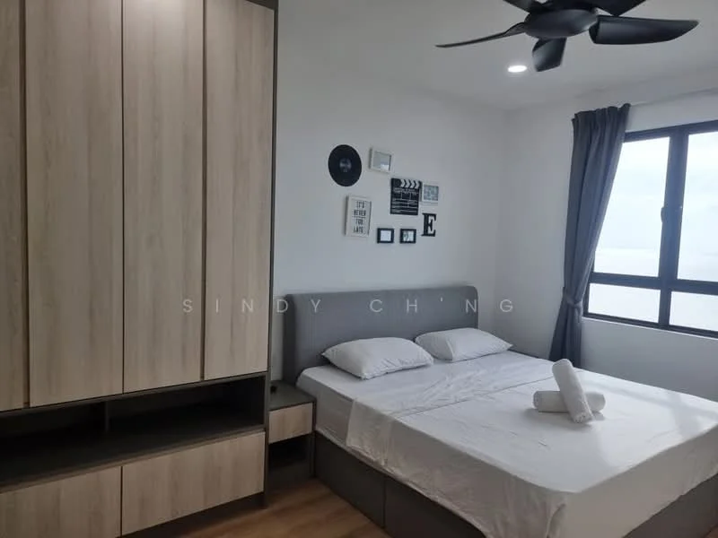 Bedroom features: queen-size bed, upholstered headboard, wooden flooring, built-in wardrobe with sliding doors, nightstand, decorative wall art, floor-to-ceiling window, curtains, ceiling fan with light; style: modern.