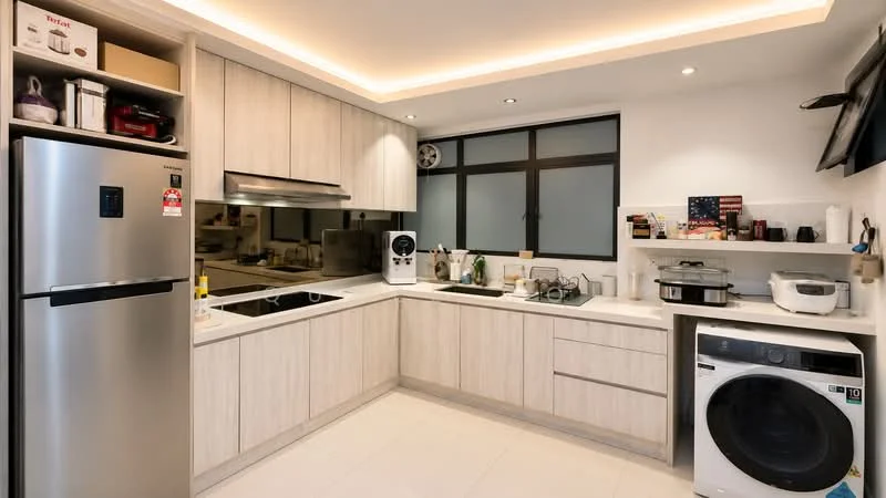 Kitchen features: light wood cabinetry, white countertop, stainless-steel fridge, built-in oven, 4-burner gas hob, stainless-steel range hood, single-bowl stainless-steel sink, chrome pull-down faucet, white washing machine, open shelving, recessed LED downlights, floor-to-ceiling window, tile flooring; style: modern.