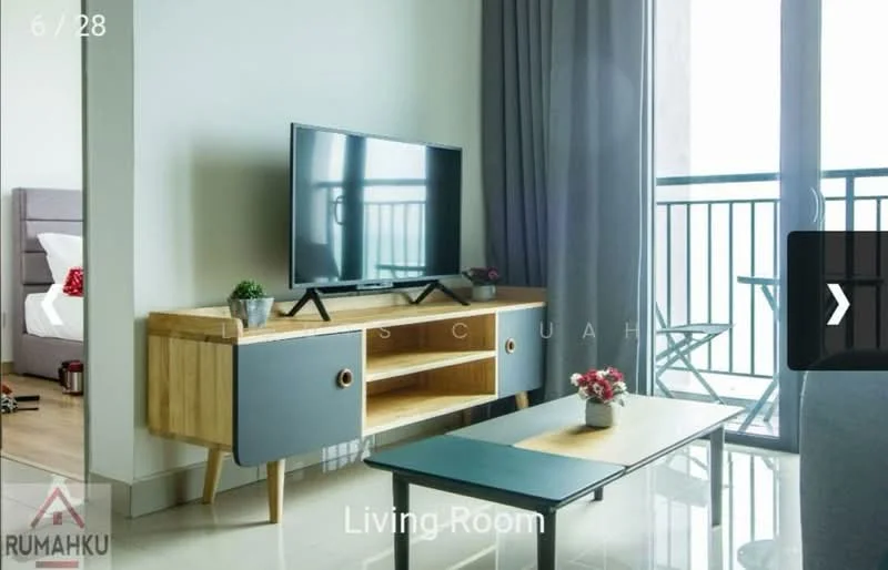 Living features: light grey walls, white ceiling, floor-to-ceiling windows, sliding glass door, grey curtains, wooden TV console with grey drawers, black TV stand, flat-screen TV, coffee table, two outdoor chairs on balcony, polished tile flooring, decorative plant; style: modern; view: city.