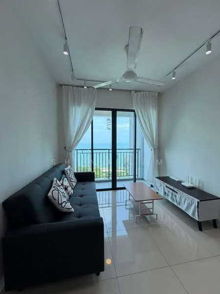 Living features: 3-seater fabric sofa in dark grey, decorative cushions, coffee table, TV console, floor-to-ceiling windows, sheer curtains, recessed LED downlights, white painted walls, glossy tile flooring, ceiling fan; style: modern; view: sea.