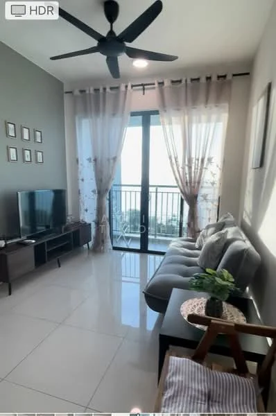 Living features: 3-seater fabric sofa in grey, coffee table, wall-mounted TV, floor-to-ceiling windows, sheer curtains, ceiling fan with light, glossy tile flooring, decorative wall art, balcony view; style: modern; view: city.