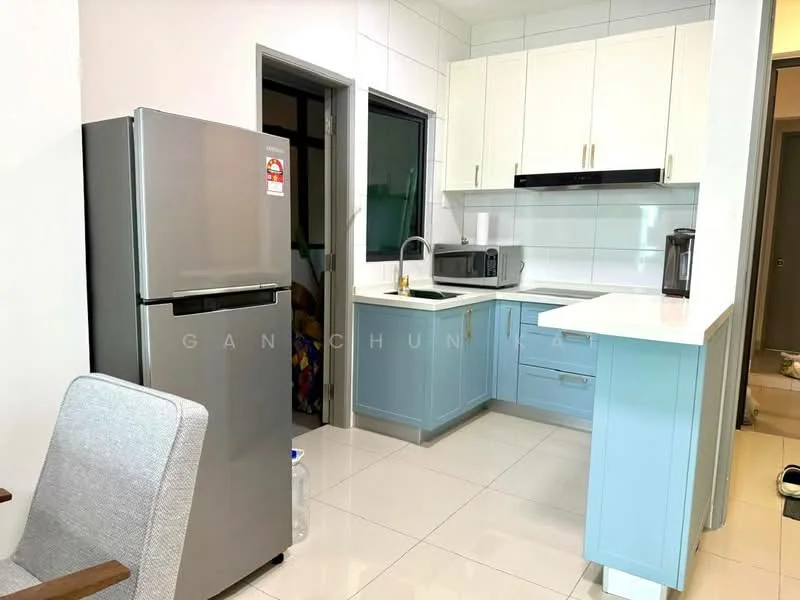 Kitchen features: light blue cabinetry, white countertop, stainless-steel fridge, built-in microwave, single-bowl stainless-steel sink, chrome pull-down faucet, white tiled backsplash, ceramic tile flooring, window with black frame, kitchen island with seating, recessed downlights; style: modern.
