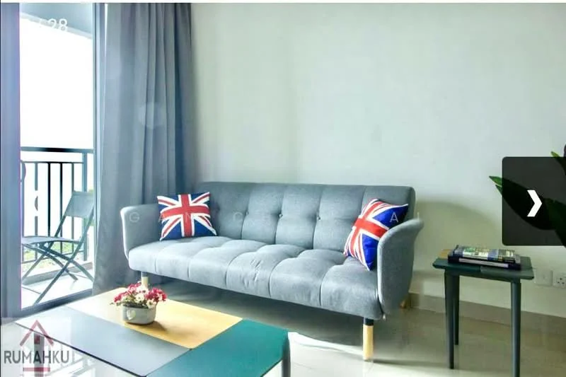 Living features: grey fabric sofa, 2 decorative cushions with Union Jack design, glass coffee table, potted plant on coffee table, floor-to-ceiling windows, curtains, light-colored walls, glossy tile flooring; style: modern; view: city.