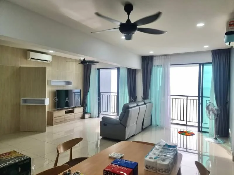 Living features: 2-seater leather sofa in grey, coffee table, wall-mounted TV, TV console, floor-to-ceiling windows, sliding glass door, sheer curtains, blackout curtains, 2 ceiling fans, recessed downlights, cream tiled flooring, decorative wall paneling, area rug, decorative mirror; style: modern; view: city.