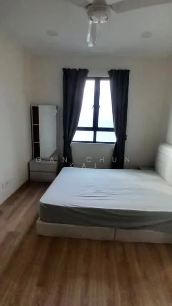 Bedroom features: wooden flooring, white painted walls, floor-to-ceiling window, blackout curtains, ceiling fan, upholstered headboard, bed frame without mattress, mirror cabinet.