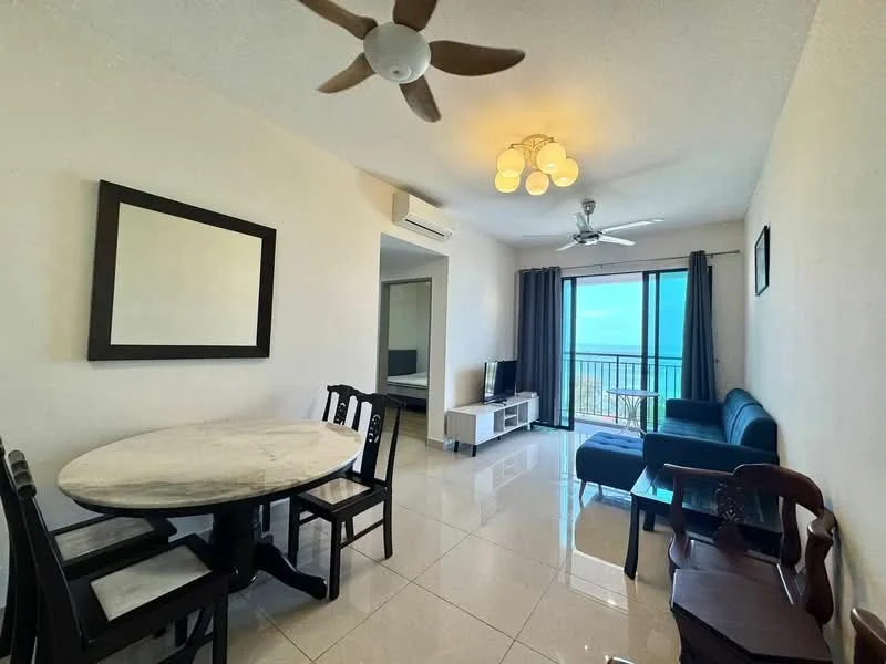 Living features: 3-blade ceiling fan, chandelier with multiple bulbs, floor-to-ceiling windows, sliding glass door, grey fabric sofa, TV console, wall-mounted TV, marble dining table, 4 dining chairs, light-colored walls, glossy tile flooring, curtains, decorative mirror; style: modern; view: sea.
