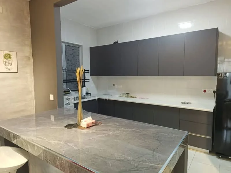 Kitchen features: grey cabinetry, white countertop, marble countertop, stainless-steel fridge, built-in oven, ceramic tile flooring, white tiled backsplash, recessed LED downlights, open shelving, kitchen island, single-bowl stainless-steel sink, chrome pull-down faucet; style: modern.