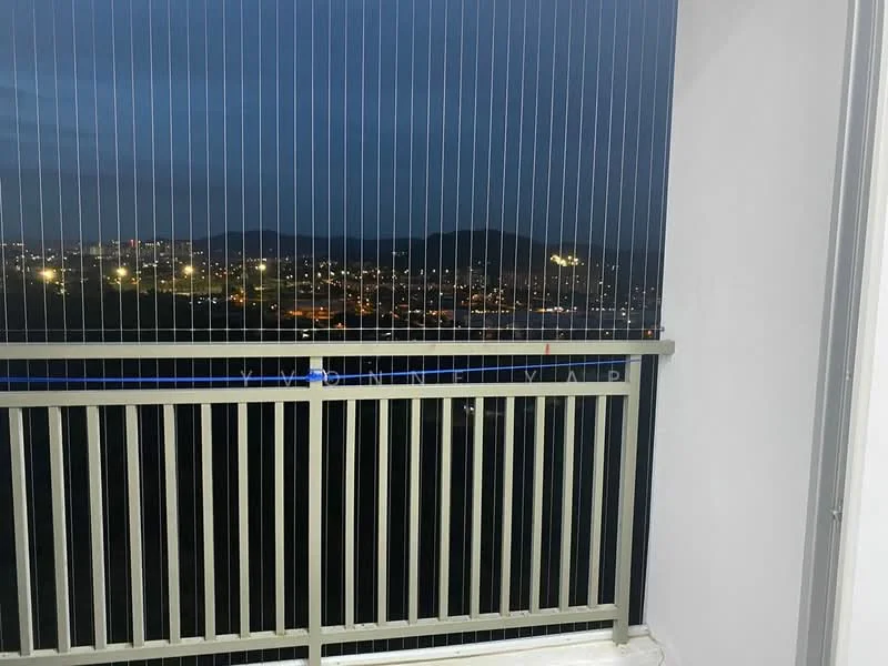 Balcony features: metal railing, floor tiles, city skyline view, night lighting, screened enclosure; style: modern; view: city.