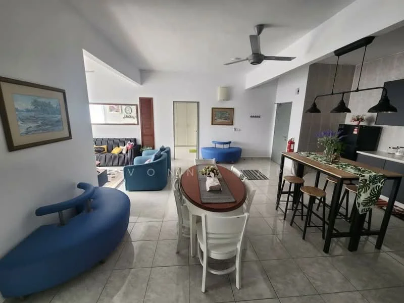 Living features: 5-blade ceiling fan with light, sofa in blue, coffee table, area rug, wall-mounted TV, decorative artwork, large windows with natural light, dining table with chairs, open layout, tile flooring, light grey walls, pendant lighting above dining area; style: modern. Room features: kitchen island with bar stools, kitchen cabinetry, countertop, built-in appliances.