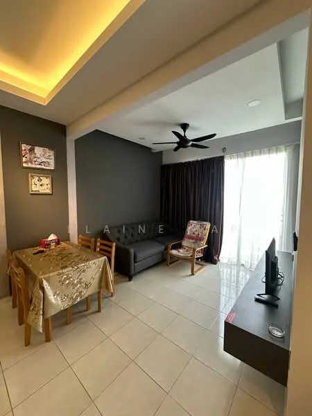 Living features: grey accent wall, cream painted walls, recessed ceiling with warm lighting, 5-blade ceiling fan, sofa in dark grey, dining table with 4 wooden chairs, floor-to-ceiling window with sheer curtains, sliding glass door, TV console, wall-mounted TV, area rug, decorative artwork on walls; style: modern.