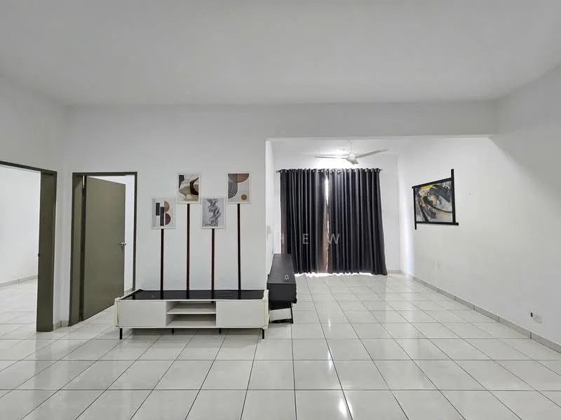 Living features: white painted walls, glossy ceramic tile flooring, 5-blade ceiling fan, floor-to-ceiling windows with sheer curtains, blackout curtains, TV console, framed artwork, decorative wall art, light-colored sofa, coffee table; style: modern.