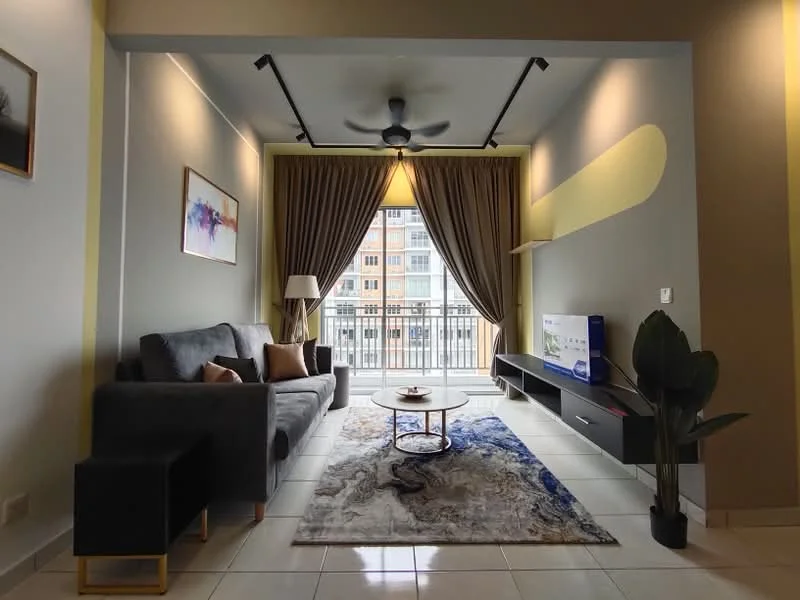 Living features: grey fabric 3-seater sofa, round coffee table, area rug with abstract pattern, wall-mounted TV, TV console with storage, floor-to-ceiling windows, sheer curtains, 5-blade ceiling fan with light, decorative wall art, indoor plant, white painted walls, recessed lighting; style: modern; view: city.