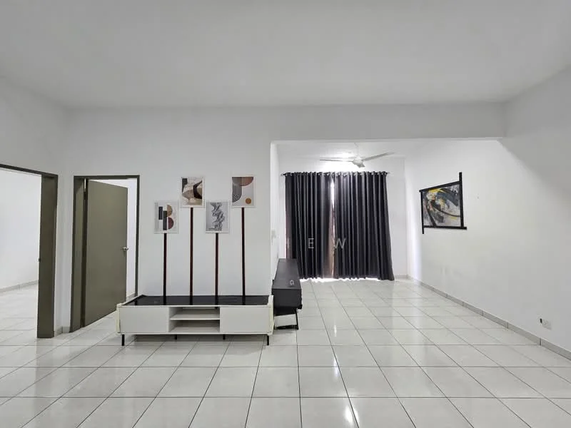Living features: white painted walls, glossy white tile flooring, 5-blade ceiling fan with light, floor-to-ceiling windows with black curtains, framed artwork on walls, TV console, decorative wall mirror; style: modern. Room features: white painted walls, glossy white tile flooring, door leading to another room.
