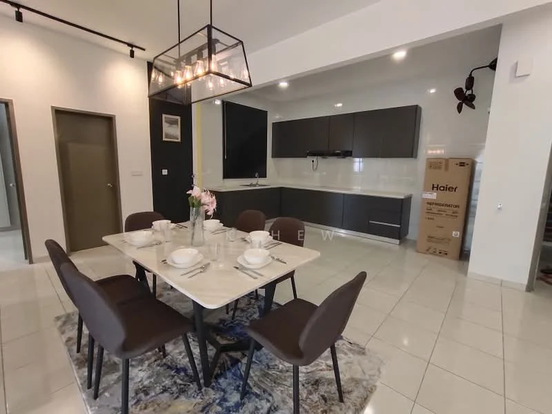 Dining features: 6-seater dining table, upholstered dining chairs, area rug with geometric pattern, pendant light fixture, white walls, tile flooring, wall-mounted fan, decorative wall art; style: modern. Kitchen features: grey cabinetry, white countertop, stainless-steel sink, chrome pull-down faucet, built-in oven, freestanding range oven, microwave, refrigerator, tile backsplash; style: modern.