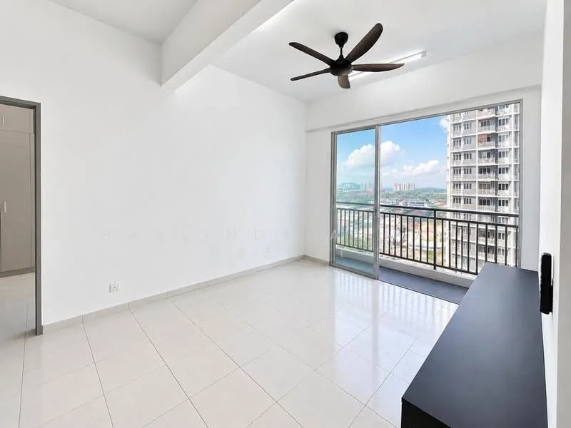 Living features: white painted walls, tile flooring, 5-blade ceiling fan with light, floor-to-ceiling sliding glass door, balcony access, black TV console, natural light from windows, city view; style: modern; view: city.