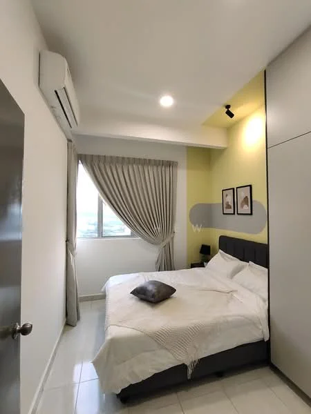 Bedroom features: king-size bed, upholstered headboard, white bedding, decorative throw pillow, floor-to-ceiling window, sheer curtains, grey accent wall, white painted walls, recessed downlights, wall-mounted air conditioning unit, wooden door, framed artwork on wall; style: modern; view: city.