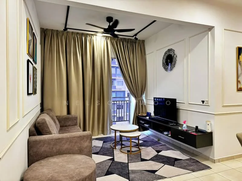 Living features: 3-seater fabric sofa in beige, round coffee table with gold base, area rug with geometric pattern, wall-mounted TV, black TV console, floor-to-ceiling curtains in beige, ceiling fan with light, decorative wall mirror, framed artwork on walls, tile flooring; style: modern; view: city.