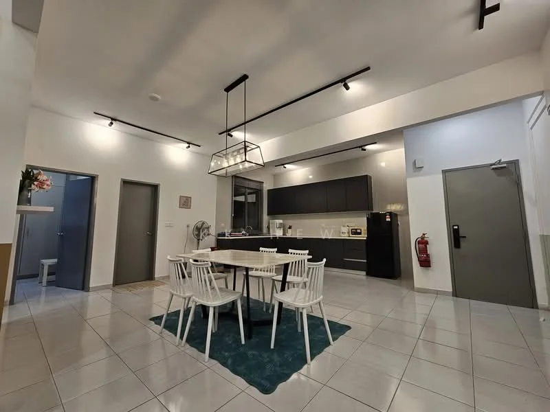 Dining features: 6-seater dining table, white plastic dining chairs, area rug in teal, pendant light fixture, recessed LED downlights, grey cabinetry, stainless-steel appliances, built-in oven, microwave, kitchen island, open-plan layout, ceramic tile flooring, white walls, sliding door, wall-mounted fan; style: modern. Kitchen features: grey cabinetry, stainless-steel appliances, built-in oven, microwave, kitchen island, white backsplash, recessed LED downlights; style: modern.