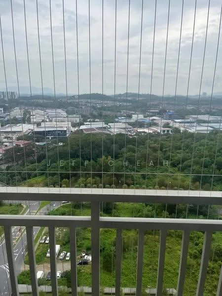 Balcony features: metal railing, floor tiles, outdoor view, greenery view, city view, screened enclosure; view: city.