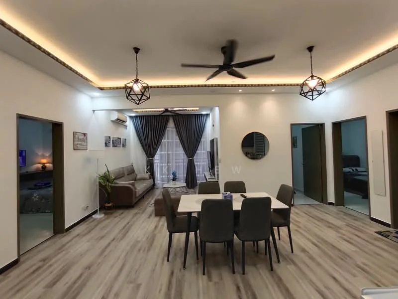 Living features: laminate flooring, white painted walls, tray ceiling with LED strip lighting, 5-blade ceiling fan, sofa in beige fabric, coffee table, TV console, wall-mounted TV, decorative mirror, area rug with geometric pattern, dining table for six, upholstered dining chairs, floor-to-ceiling windows with sheer curtains; style: modern. Room features: white painted walls, laminate flooring, doorways leading to other rooms.