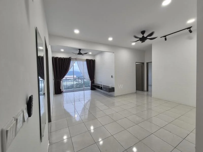 Living features: white painted walls, glossy ceramic tile flooring, 2 ceiling fans, floor-to-ceiling windows, sheer curtains, blackout curtains, wall-mounted TV console, track lighting, open layout, view of the city, recessed lighting; style: modern; view: city.