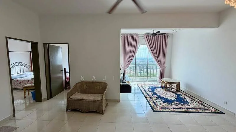 Living features: floor-to-ceiling windows, sliding glass door, curtains, ceiling fan, area rug with intricate pattern, white painted walls, tile flooring, balcony view, decorative wall, light-colored furniture; style: modern; view: city. Bedroom features: double bed, bedding with floral pattern, wooden bed frame, nightstand, white painted walls, tile flooring, door to hallway; style: modern.