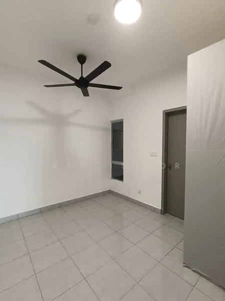 Room features: white painted walls, grey tiled flooring, 5-blade ceiling fan, single door, window with no visible treatment, light fixture on ceiling; style: modern.