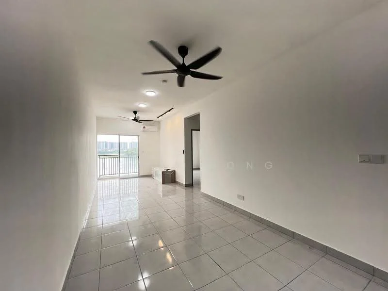 Living features: white painted walls, glossy ceramic tile flooring, 2 ceiling fans, floor-to-ceiling sliding glass door, balcony access, natural light from large window, neutral color scheme, minimalist decor; style: modern; view: city.