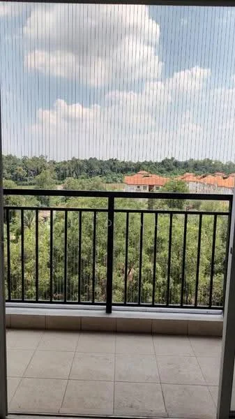 Balcony features: glass sliding door, metal railing, tiled flooring, screen mesh, view of greenery, view of neighboring buildings; view: garden.