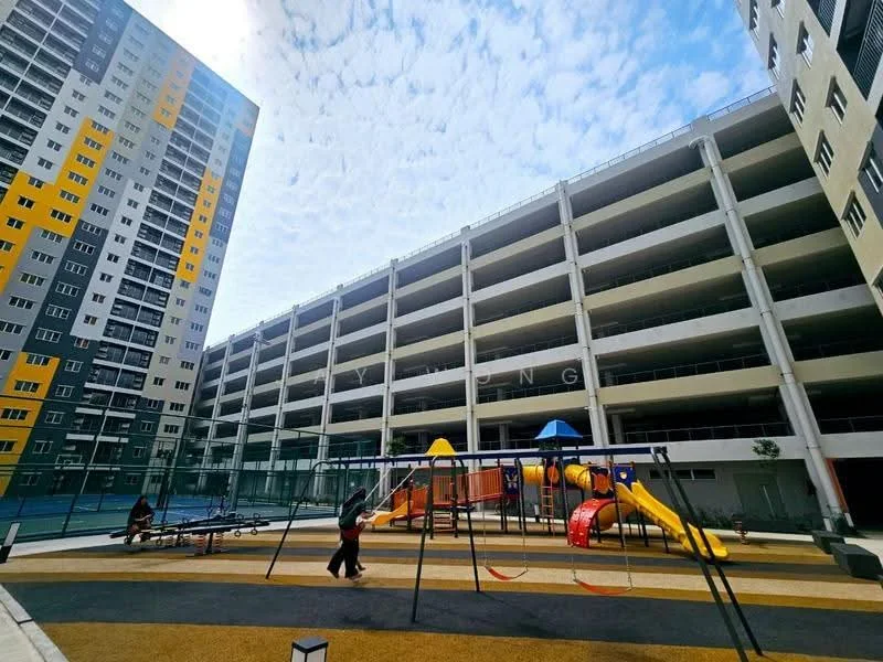 Exterior type: mid-rise condominium; features: playground with slides and climbing structures, swings, basketball court, multi-storey car park, manicured lawn, surrounding residential buildings, open space for recreational activities; style: modern.