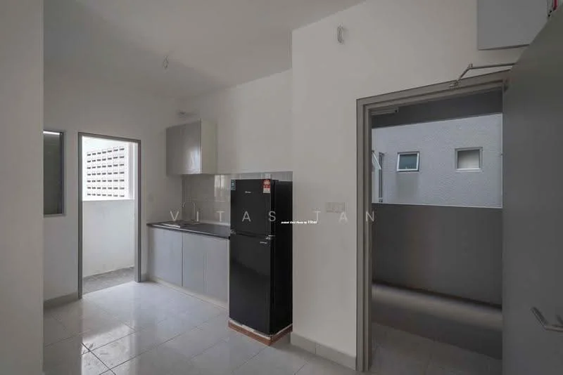 Kitchen features: grey cabinetry, black fridge, stainless-steel sink, single-bowl sink, wall-mounted cabinets, ceramic tile flooring, white walls, window with view to outside, countertop, built-in kitchen area; style: modern. Room features: white walls, ceramic tile flooring, door leading outside, window.