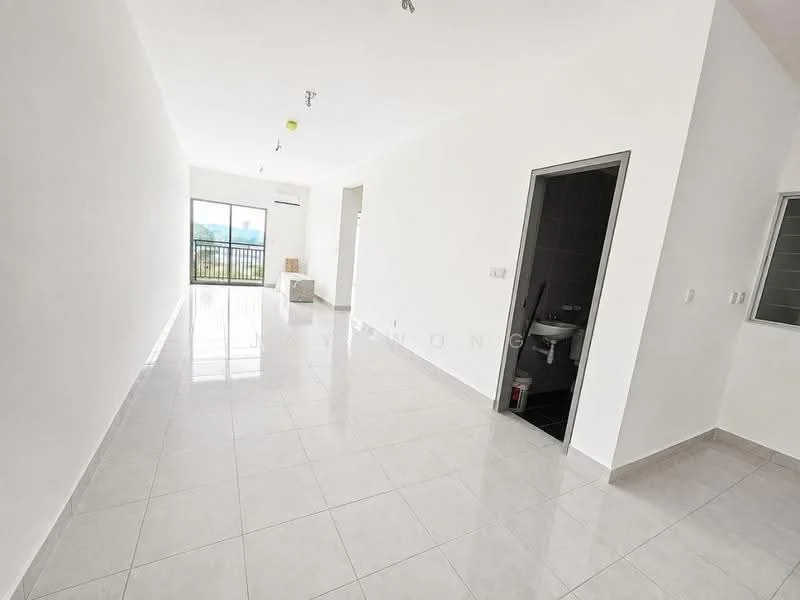 Room features: white painted walls, glossy ceramic tile flooring, recessed downlights, floor-to-ceiling windows, sliding glass door, balcony access, air conditioning unit, open layout; style: modern; view: city.