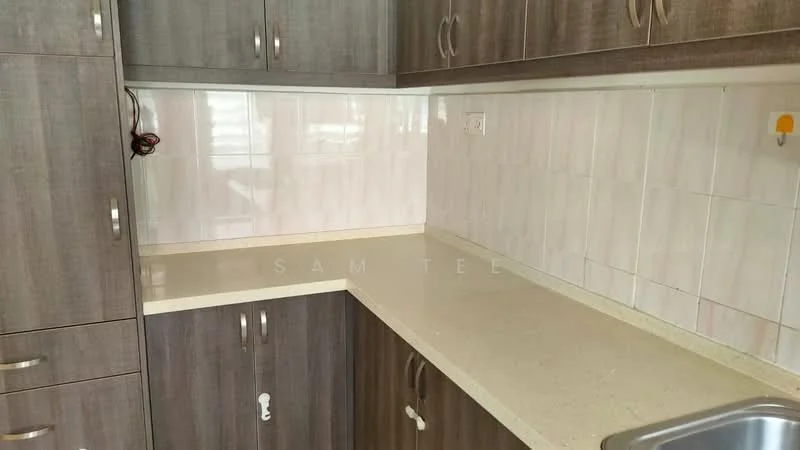 Kitchen features: laminate cabinetry in dark wood, light-colored stone countertop, white tiled backsplash, single-bowl stainless-steel sink, chrome pull-down faucet, built-in cabinets, drawer storage, wall-mounted electrical outlet; style: modern.